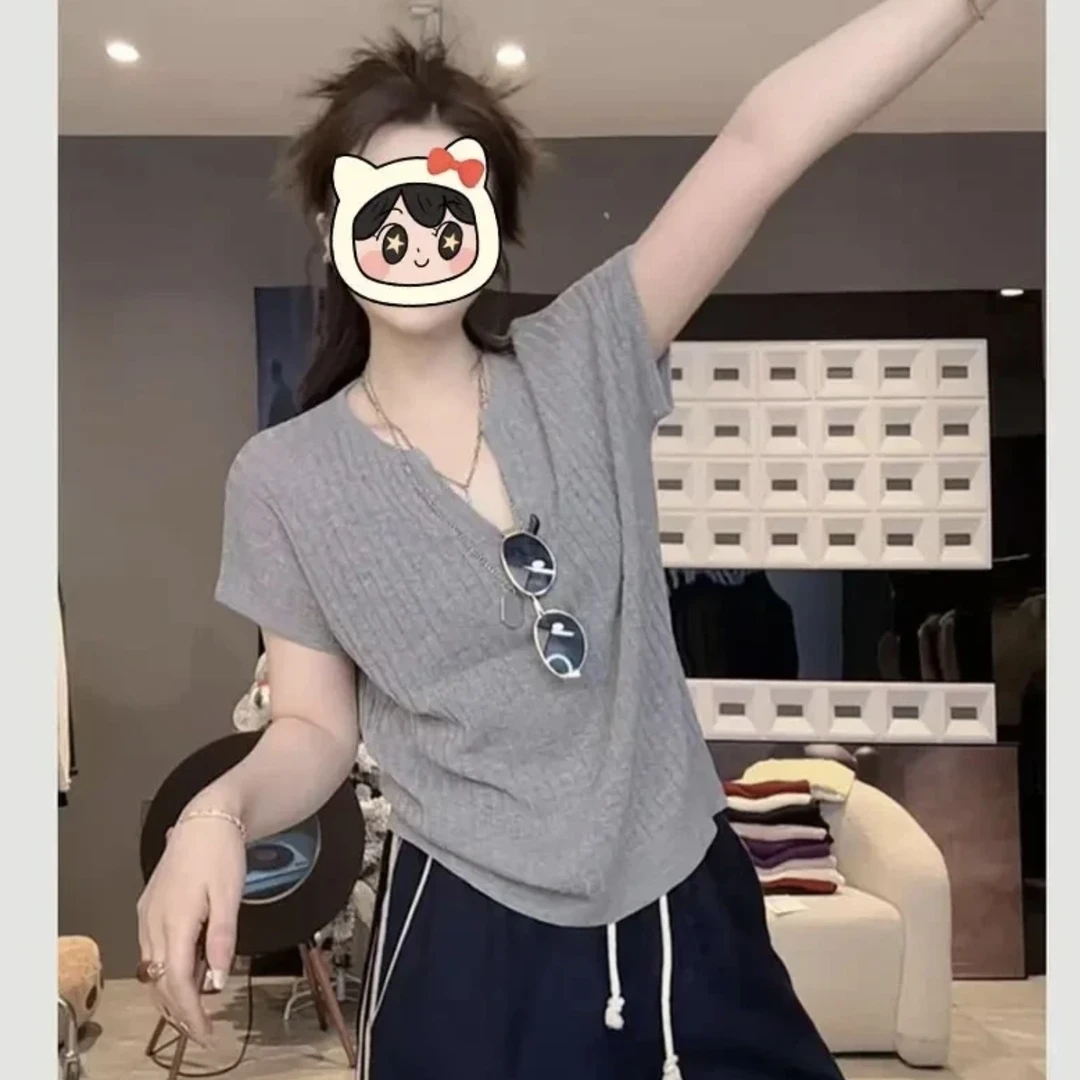 韩版百搭显瘦V领短袖针织衫女2025夏季新款大码胖MM时尚减龄上衣