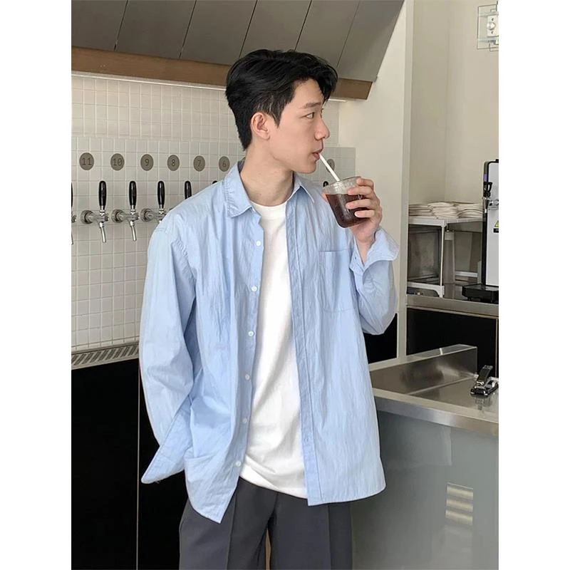 高智感天蓝色纯棉衬衫男长袖开春韩系穿搭宽松慵懒风休闲衬衣外套