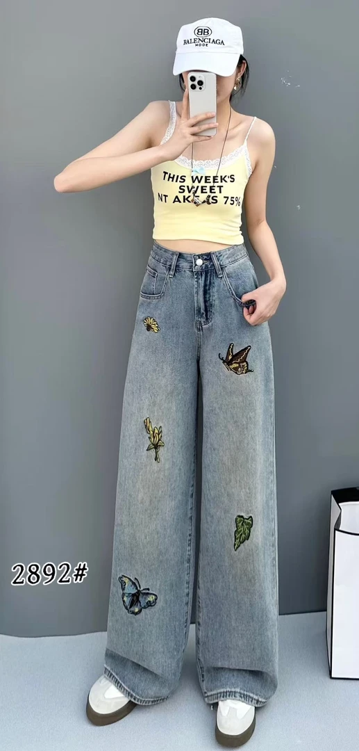 2892中高腰薄款水洗印花牛仔裤复古百搭高质感穿搭