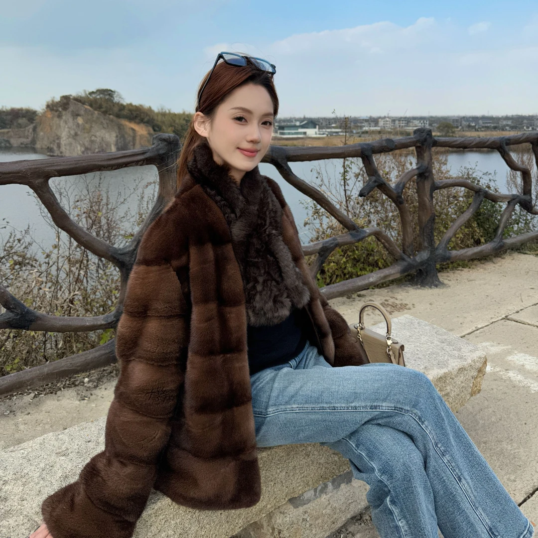 新款紫金短二小母貂横排V领中长款水貂皮草外套女【雯雯】DZ2622