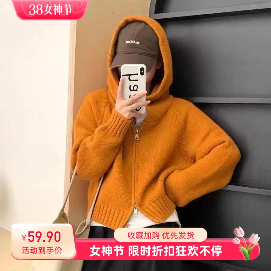 【原版1.2斤】慵懒风纯色连帽拉链开衫2024秋新款宽松显瘦针织上衣