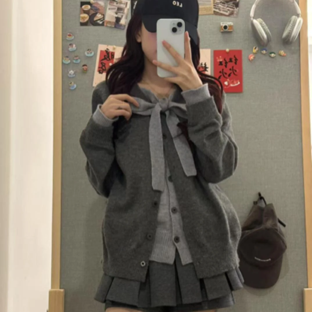 韩系学院风假两件灰色绑带针织开衫女春秋宽松慵懒风软糯毛衣外套