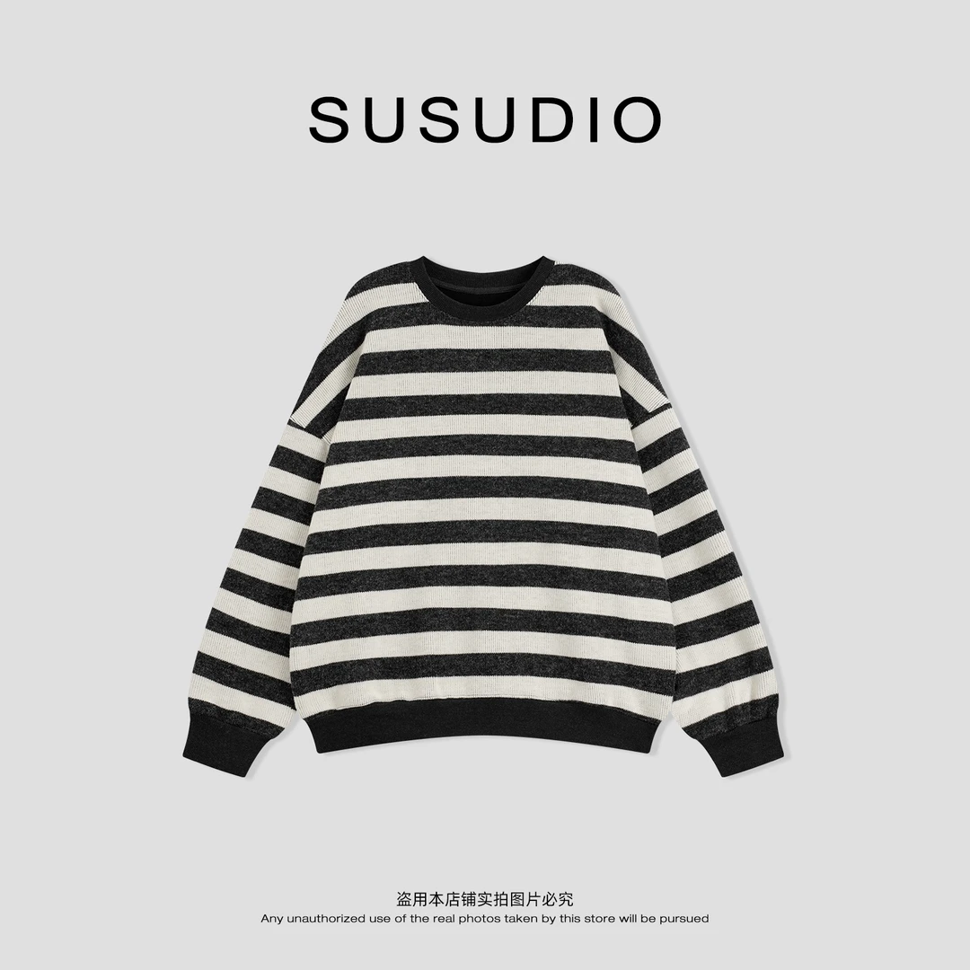 SUSUDIO 柔软绵柔撞色条纹宽松加绒保暖圆领卫衣 50282
