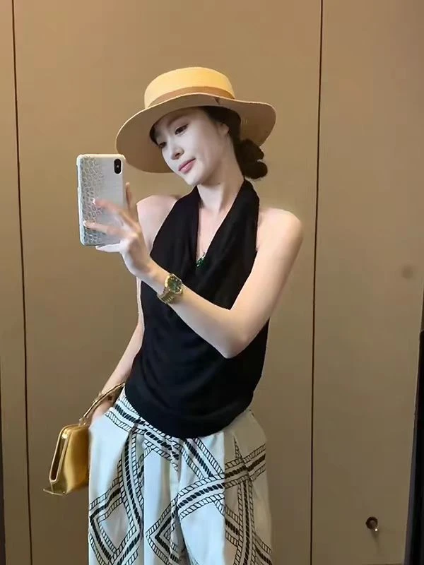 秋冬打底新款莫代尔女长款一字领褶皱针织内搭外穿背心吊带上衣