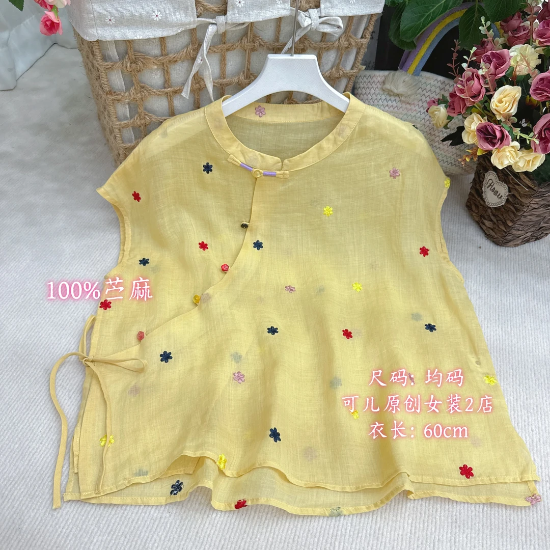 夏季新款雪花刺绣斜襟苎麻小衫系带衬衫女上衣