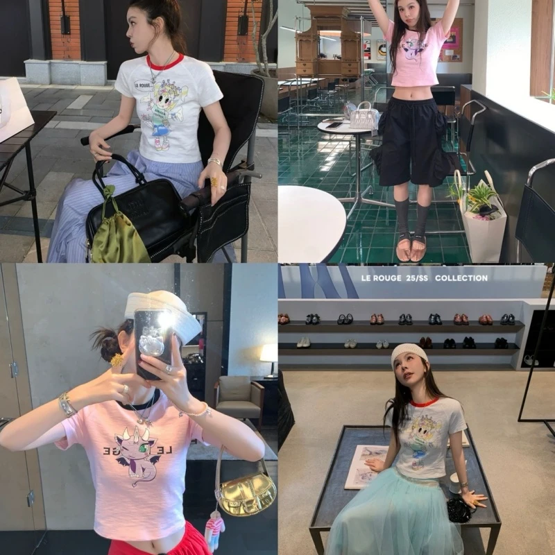 le rouge周美美 趣怪萌物百搭小龙卡通女孩图案印花短袖 T 恤