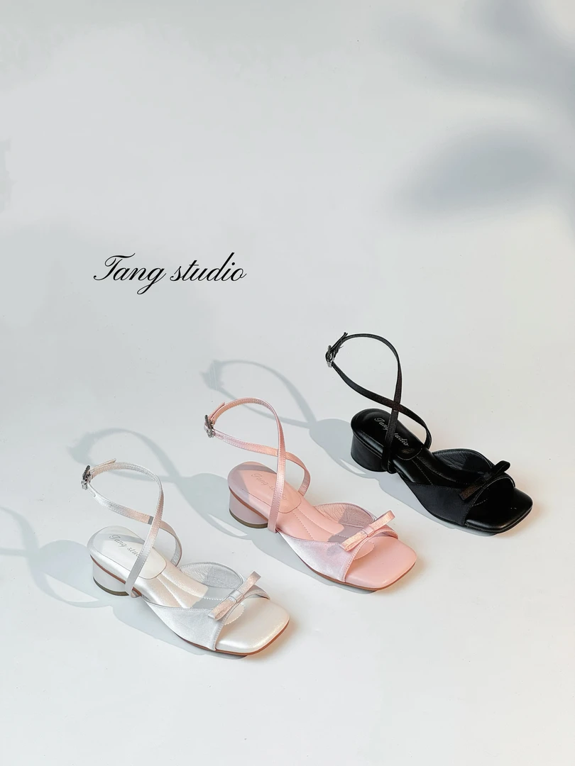 2025夏季新款粗跟方头法式蝴蝶结低跟两穿绑带凉鞋 3cm T255