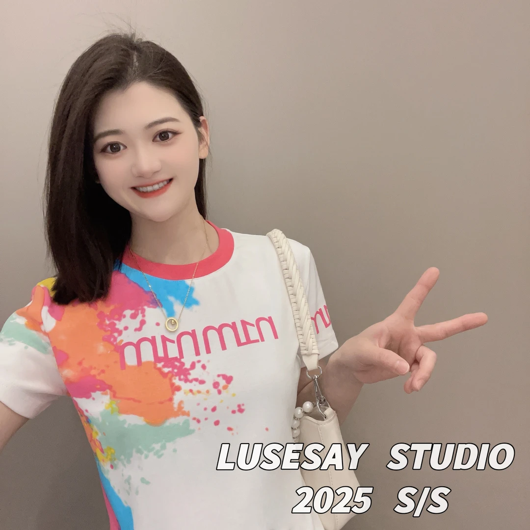 LUSESAY 设计感撞色拼接晕染 早春2025新款短袖t恤女百搭休闲上衣