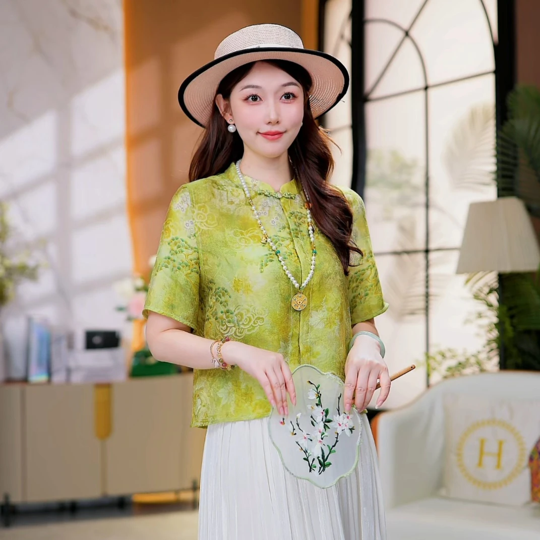 【星辰赋】新中式国风女装立领盘扣衬衫上衣夏薄款短袖宽松T恤