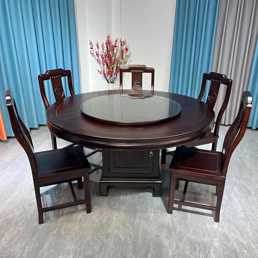 榫卯新中式全实木餐桌家用圆桌现代轻奢餐桌圆形雕花客厅吃饭桌