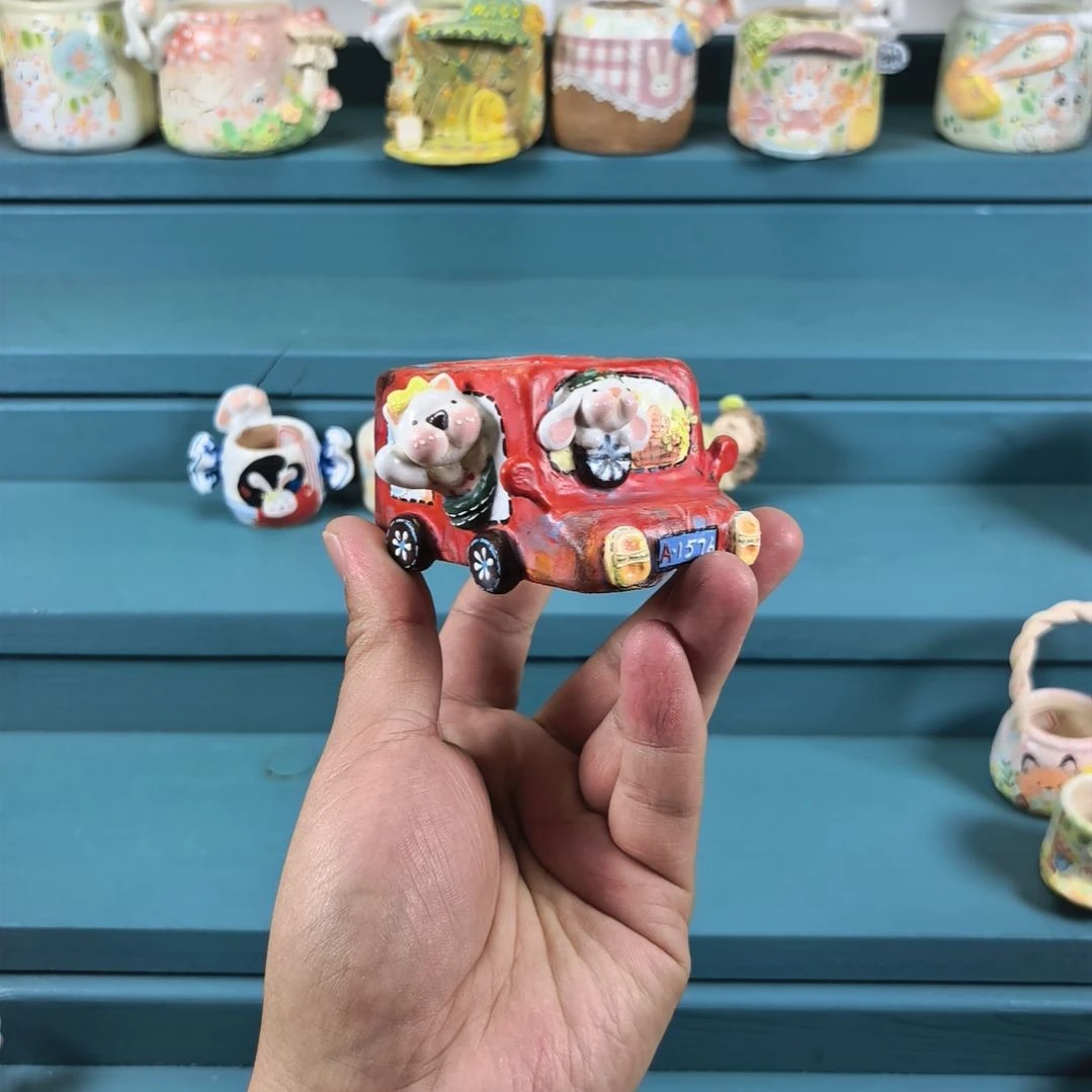 红色复古小车 手绘多肉花盆