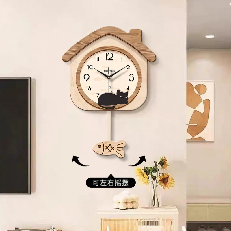 ZB174奶油风摇摆猫咪客厅挂钟创意艺术时钟现代简约挂钟捡漏