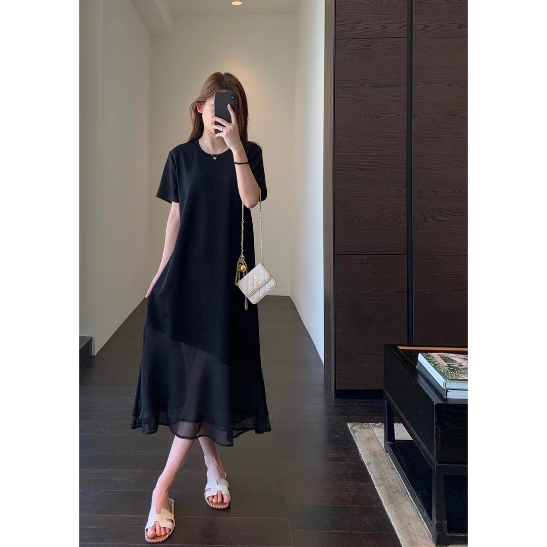 这件太藏肉了网纱拼接鱼尾裙显瘦小黑裙女连衣裙夏新款