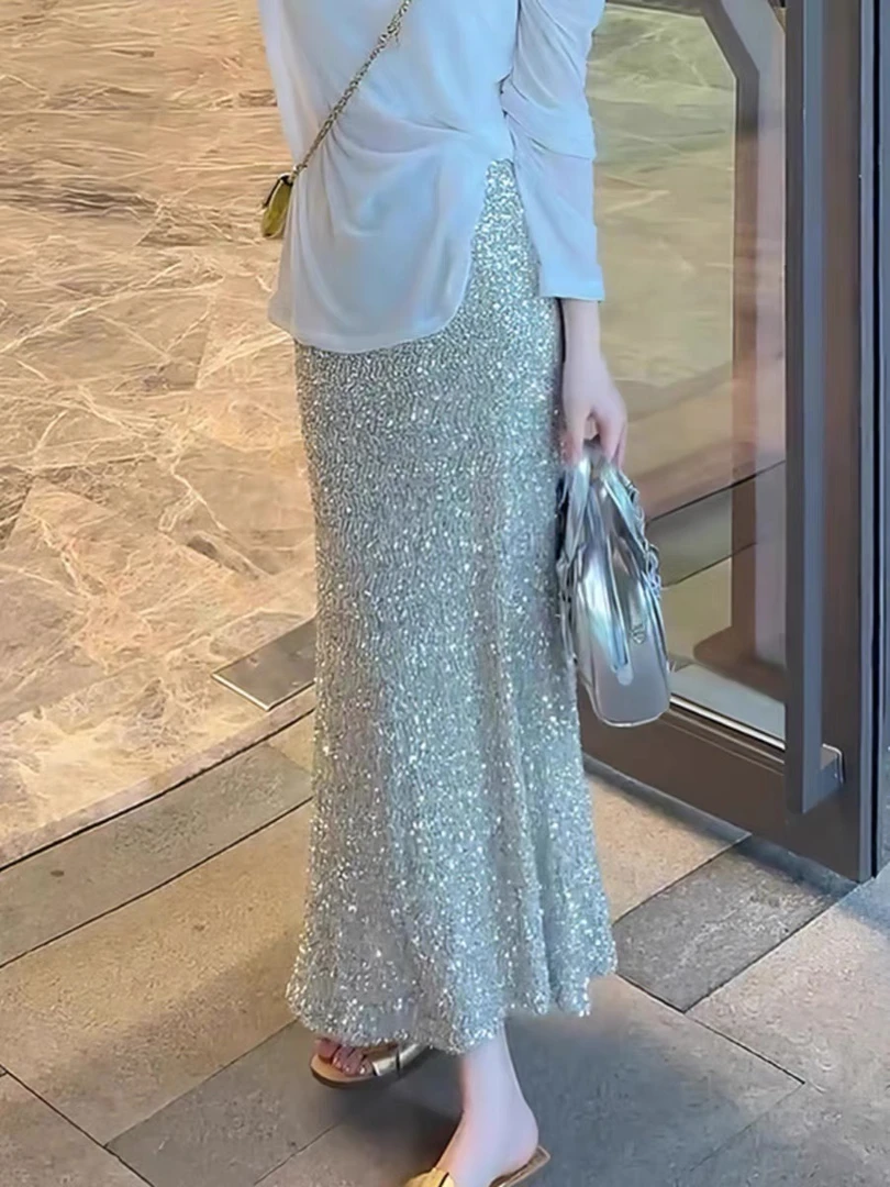 绝美气质亮片鱼尾裙半身裙女春夏2025新款高腰显瘦中长款包臀裙子