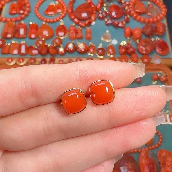 南红玛瑙银S925镶嵌耳饰9+