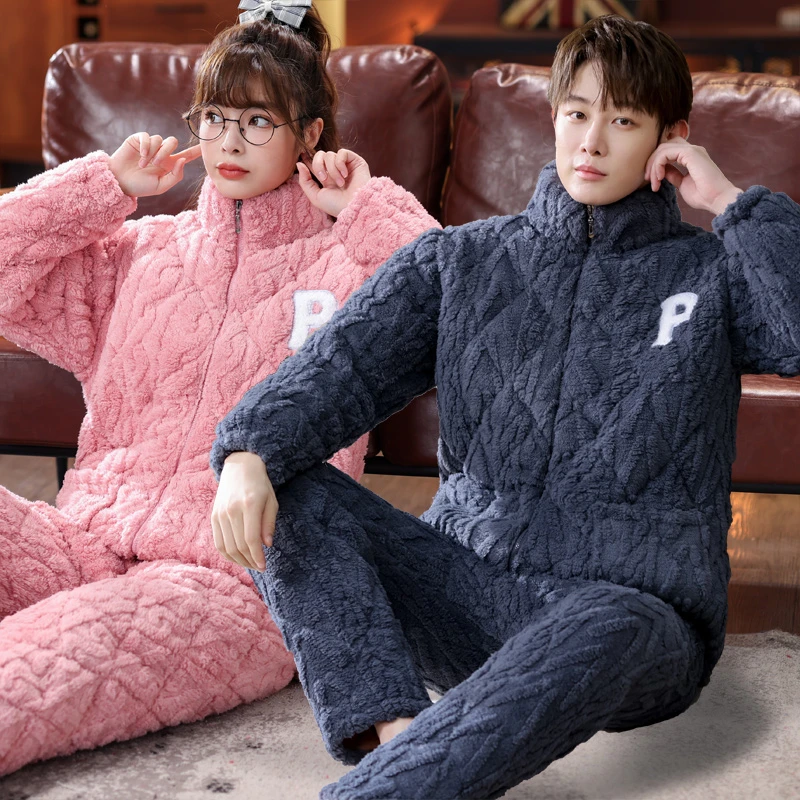 加厚加绒冬季冬天珊瑚绒睡衣女夹棉加绒款家居服情侣装套装