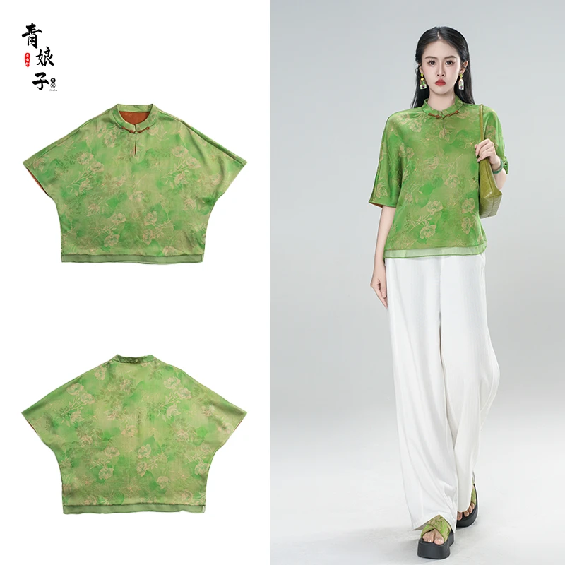青娘子-香云纱(菁菁)印花花萝拼接真丝绡国风新中式套头短袖61181