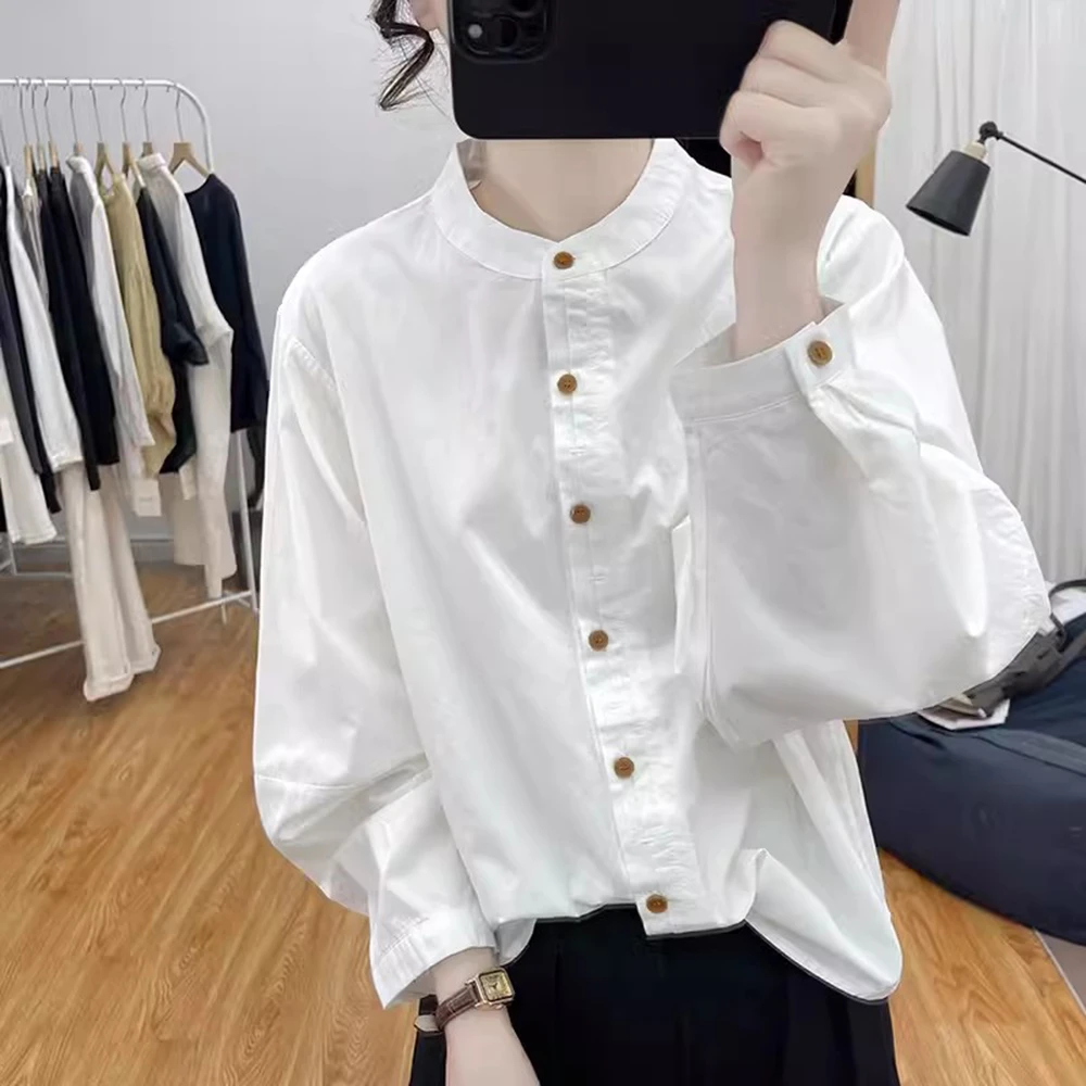 韩版休闲百搭时尚双门襟小立领长袖衬衫女早秋新款衬衣外穿上衣潮