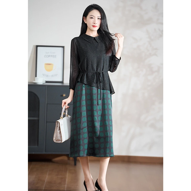 【真两件】迪欧芙黑色波点2025高端时尚女春季新款连衣裙#CTZ87742