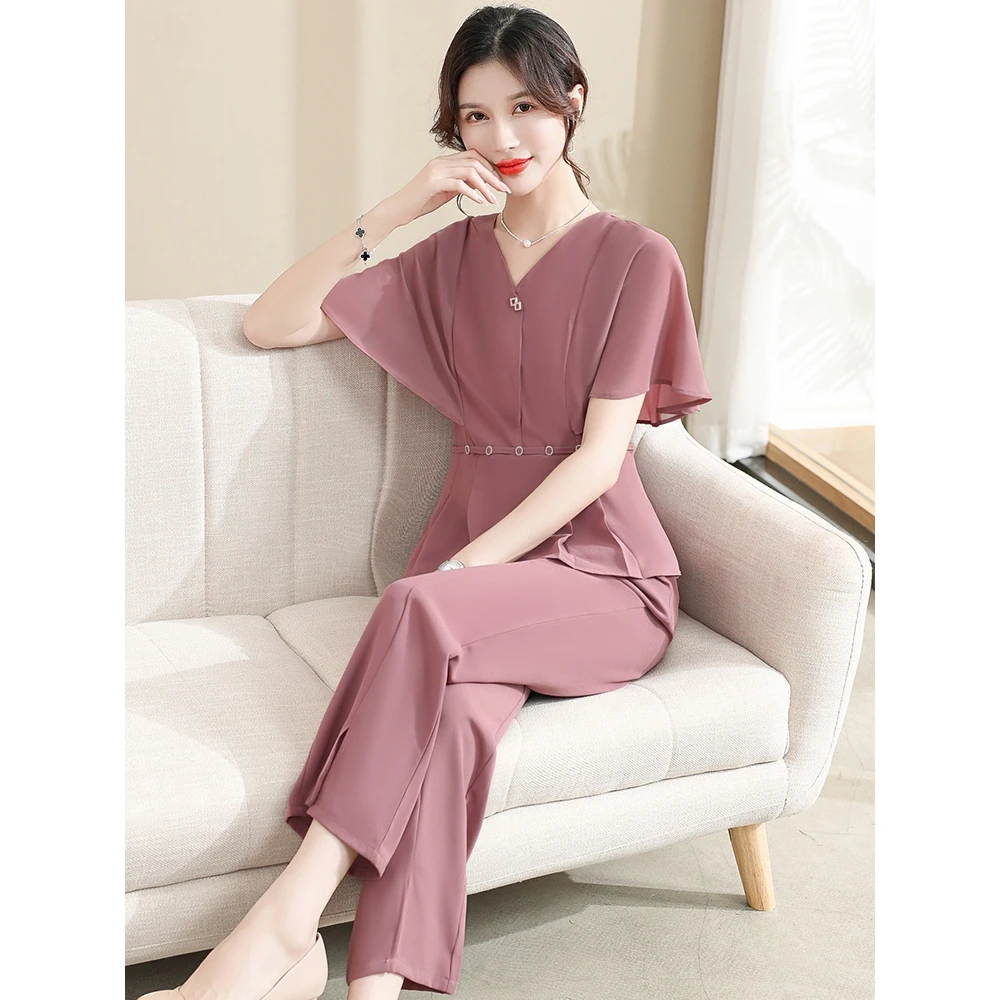 俞兆林妈妈装夏装2025新款洋气仿桑蚕丝套装短袖上衣两件套夏季中