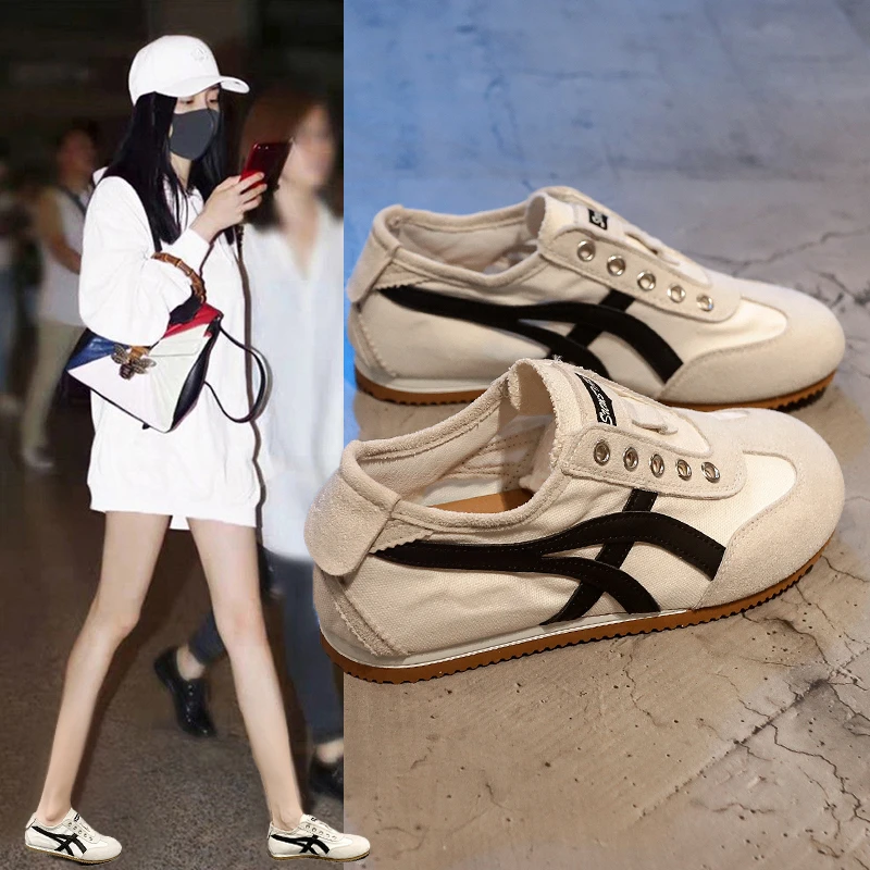 爆款平底帆布德训鞋女款2025夏季新款薄款透气小白鞋一脚蹬阿甘鞋