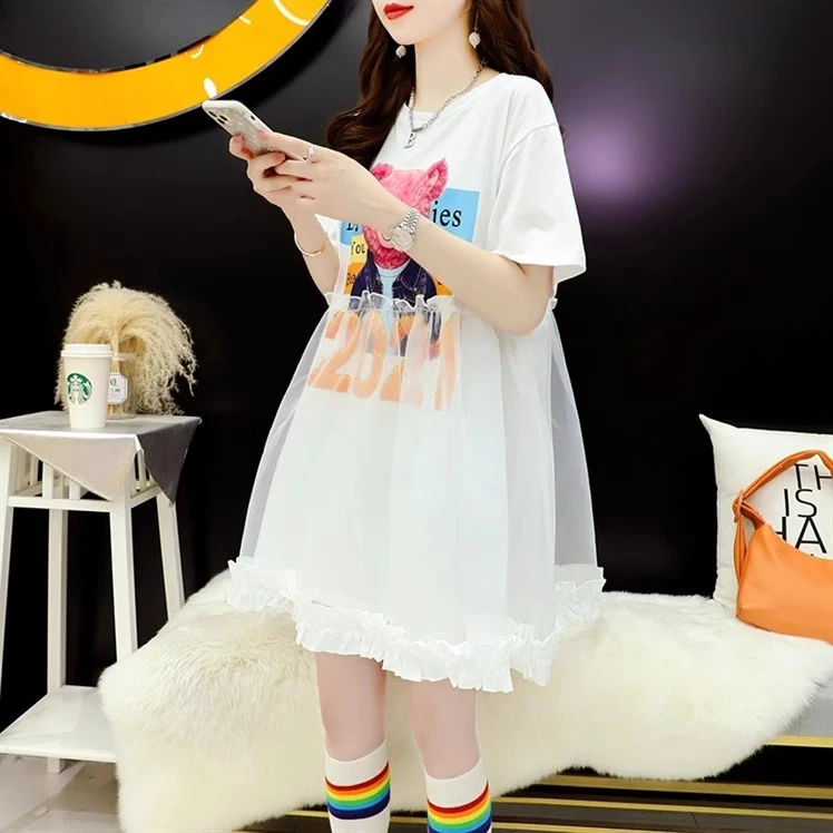 2025夏季新款短袖t恤女宽松网纱拼接中长款ins连衣裙休闲外穿上衣