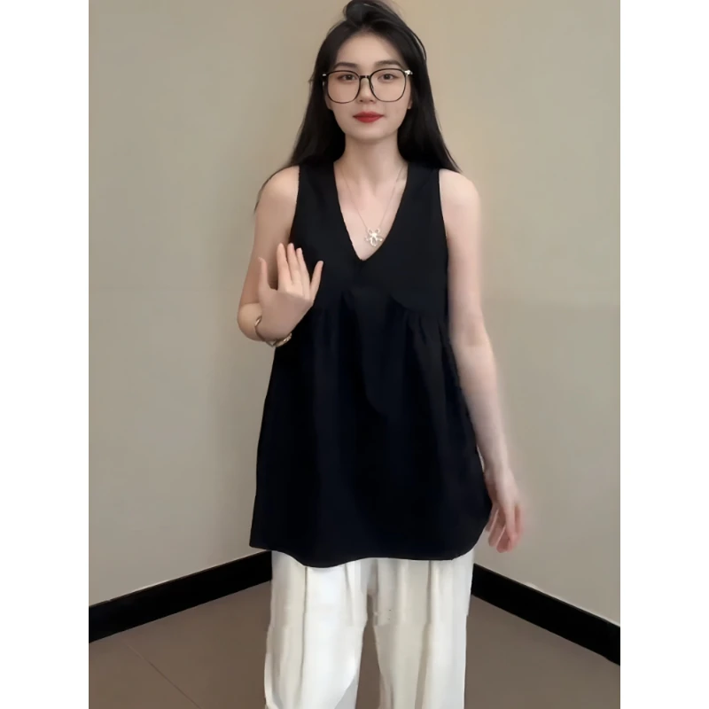 大码胖mm韩版V领小个子内搭无袖小上衣女装夏季显瘦宽松黑色背心