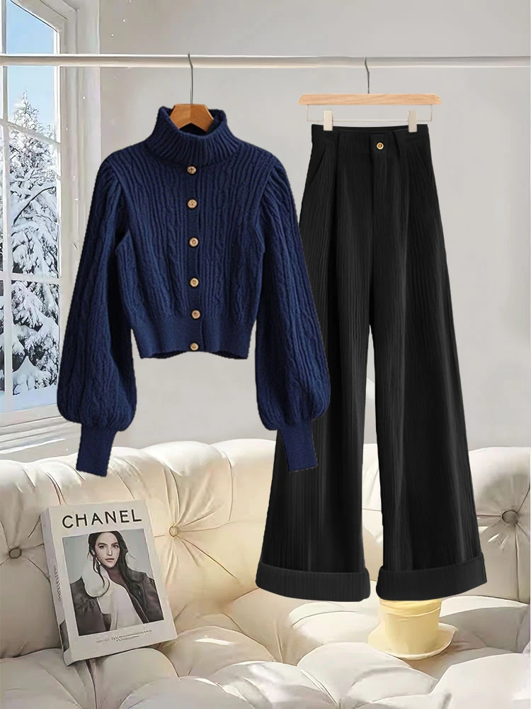 2024冬季大码胖mm巨显瘦套装藏蓝色高领毛衣灯芯绒阔腿裤两件套女