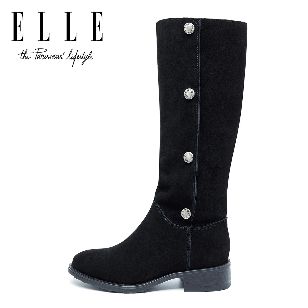 ELLE三种筒高纽扣高筒靴女西部牛仔显瘦堆堆靴复古粗跟骑士长筒靴