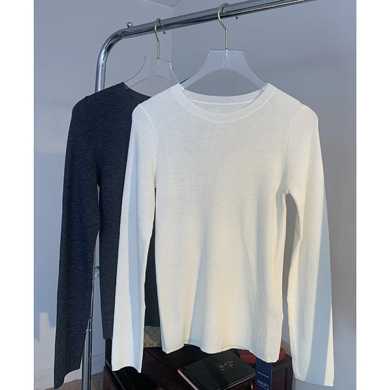 扬子纱 25春季新款100%精纺羊毛圆领长袖修身打底针织衫上衣