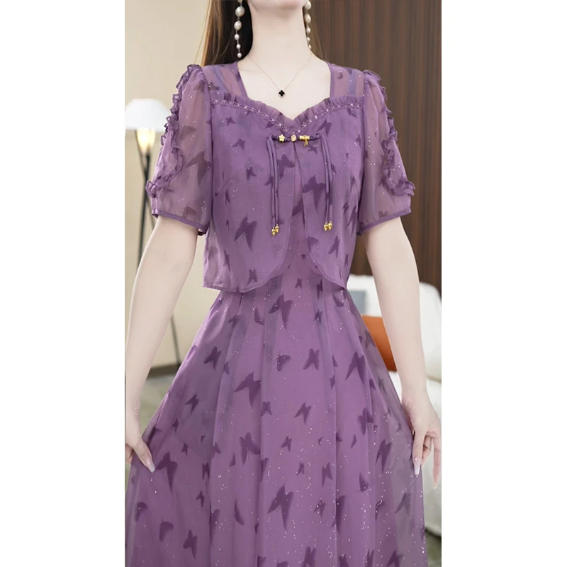 【连衣裙】木耳边桃心领优雅气质蝴蝶花连衣裙M-4XL