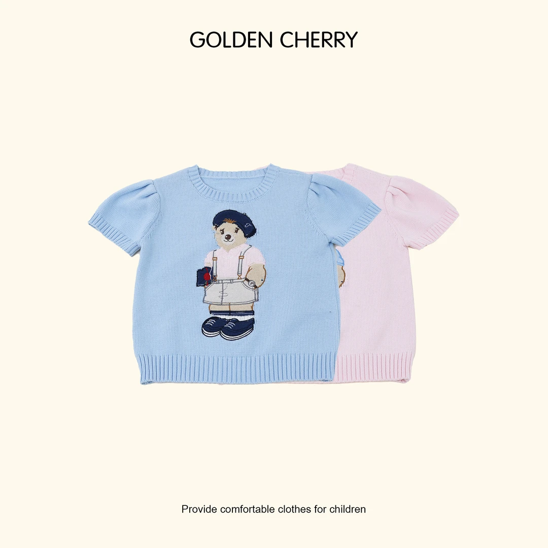 6【Golden cherry】儿童学者熊刺绣针织短袖T恤QS058