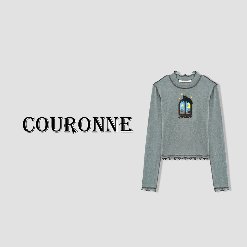 【小熊48h】-秋冬窗户趣味猫咪毛线绣修身T恤洋气花边领长袖29880