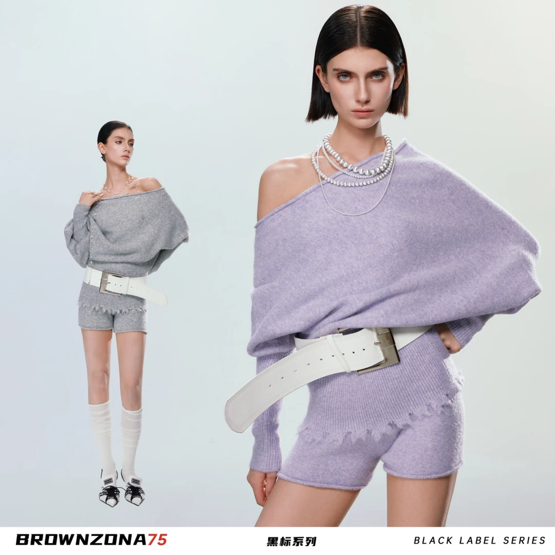 Brownzona⁷⁵ "鸢尾 "斜肩长袖慵懒风软糯羊毛针织套装