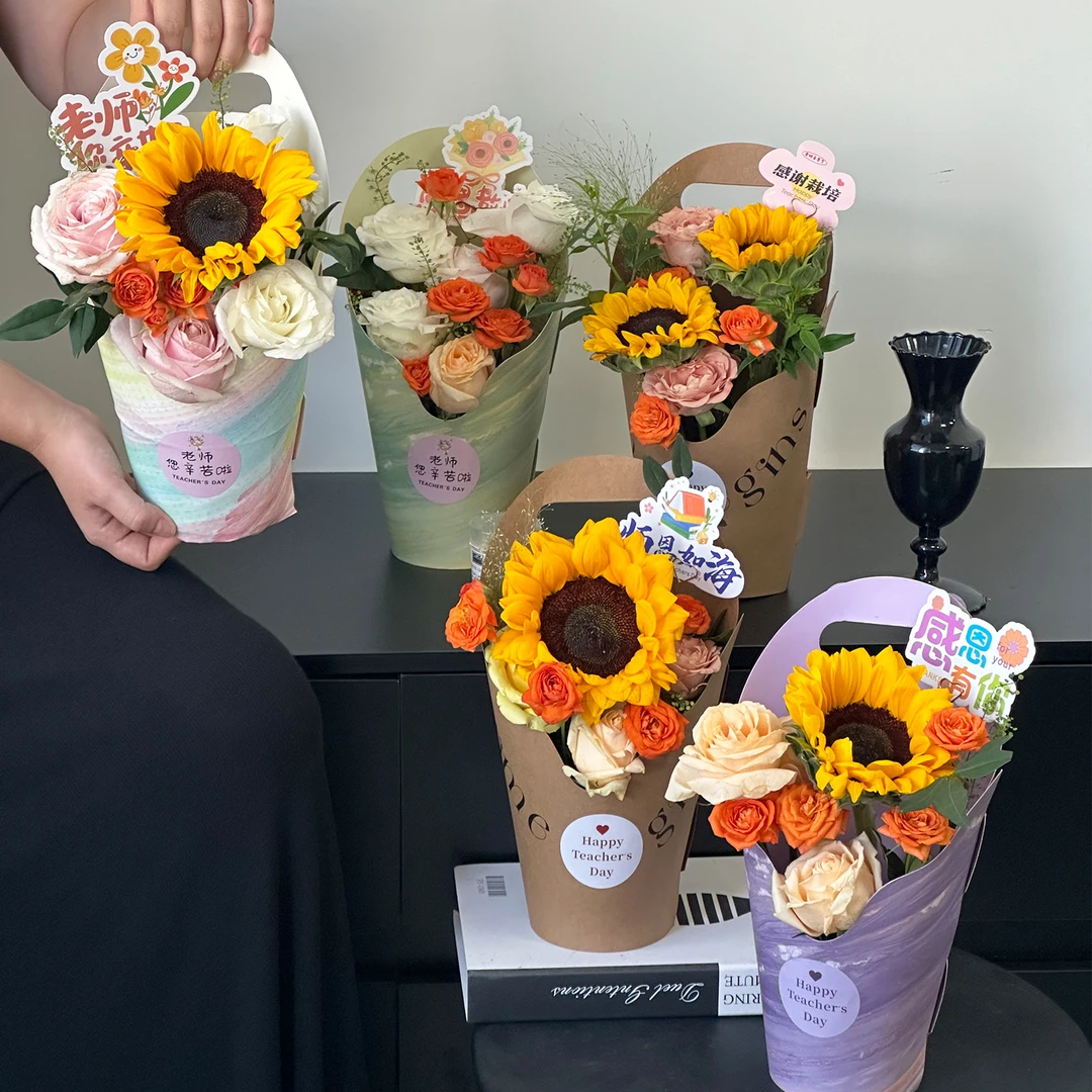 星语【教师节新品】油画手提盒圆形鲜花束礼盒花盒冰激凌插花盒diy