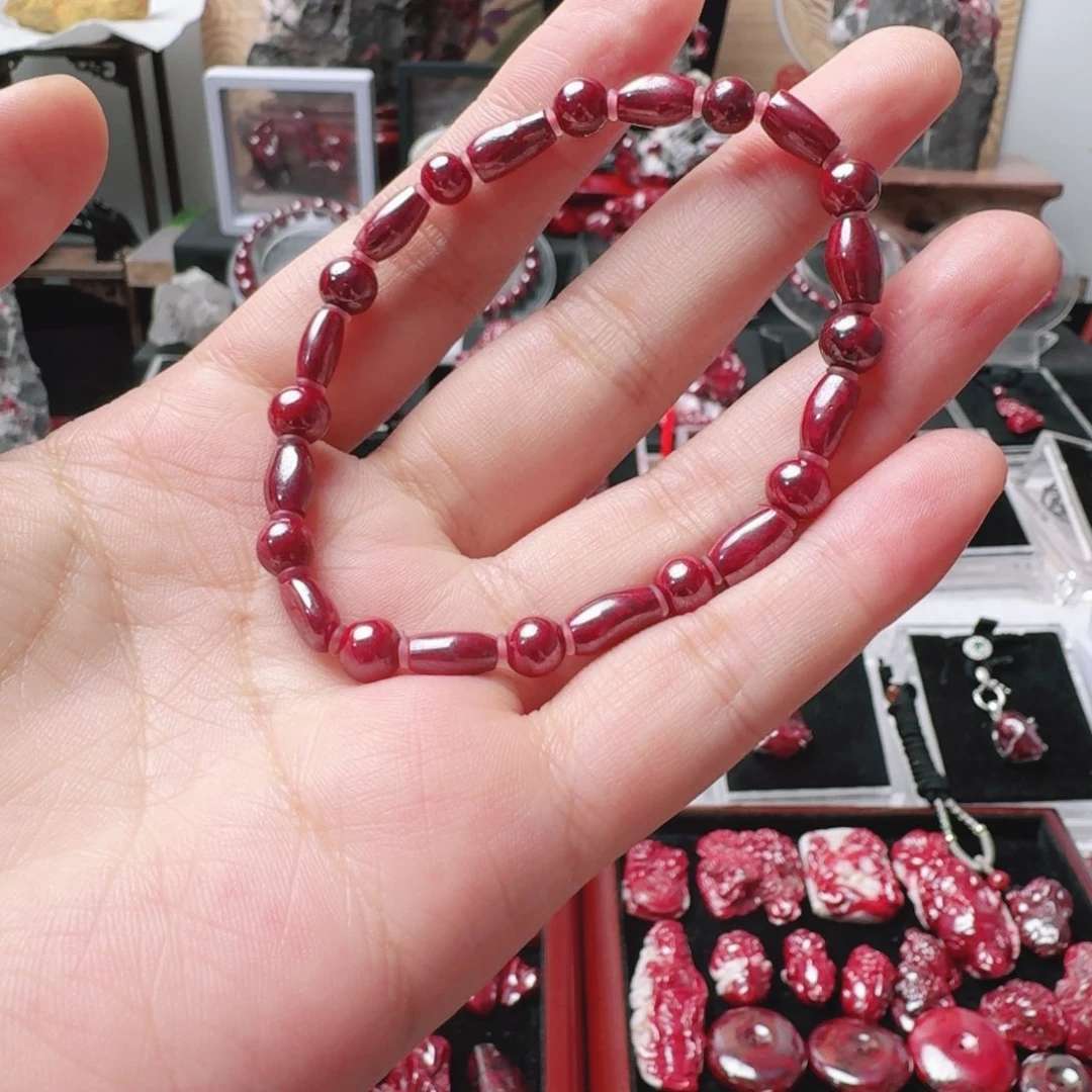 天然辰砂天然朱砂原矿全透手串，27克