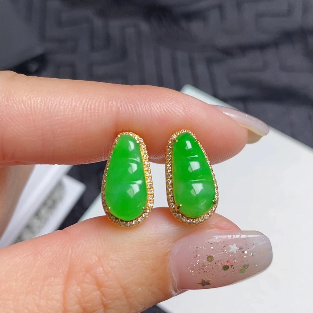 翡翠18K金镶嵌耳饰福豆耳包