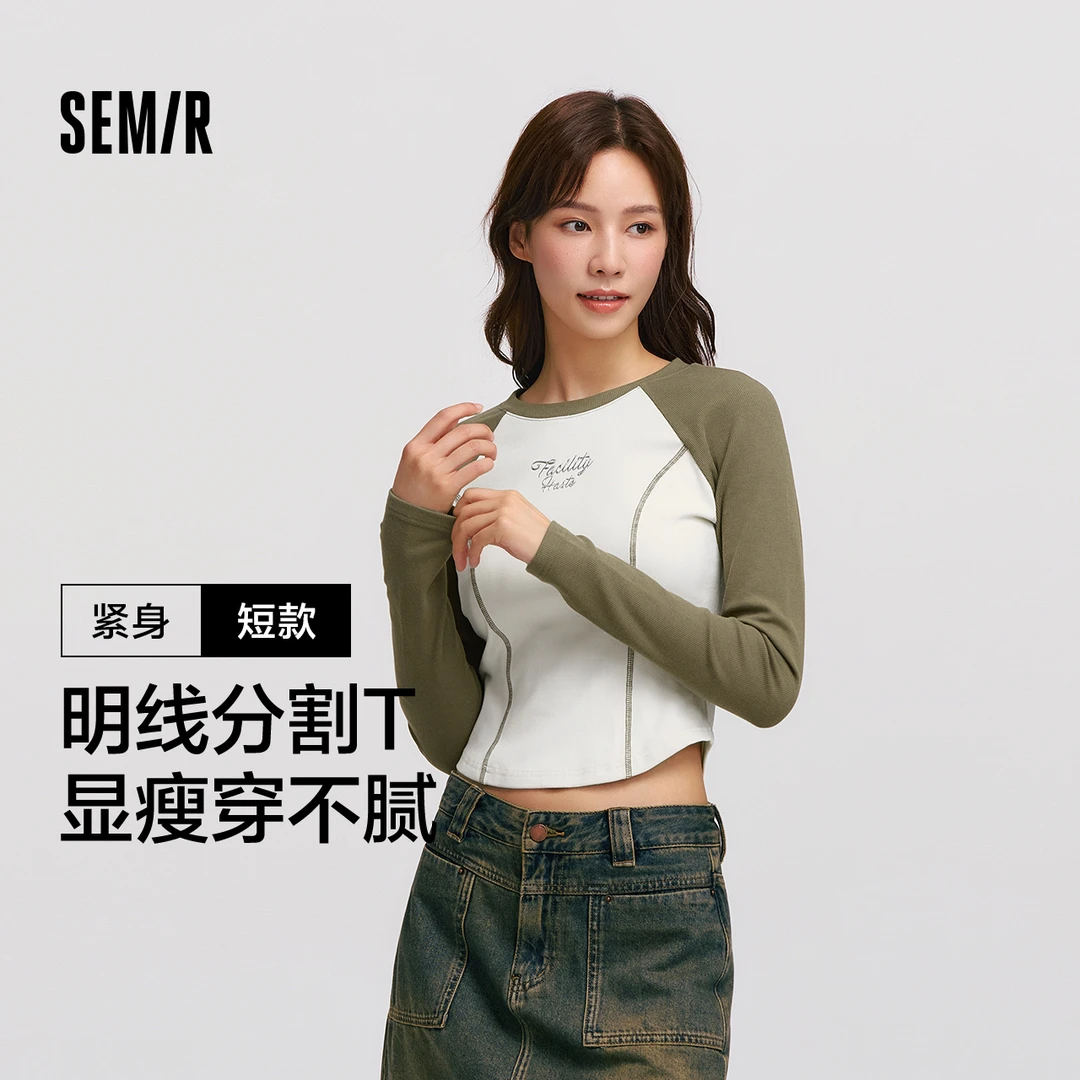 森马长袖T恤女短款紧身撞色插肩袖明线显瘦冬季印花圆领上衣复古