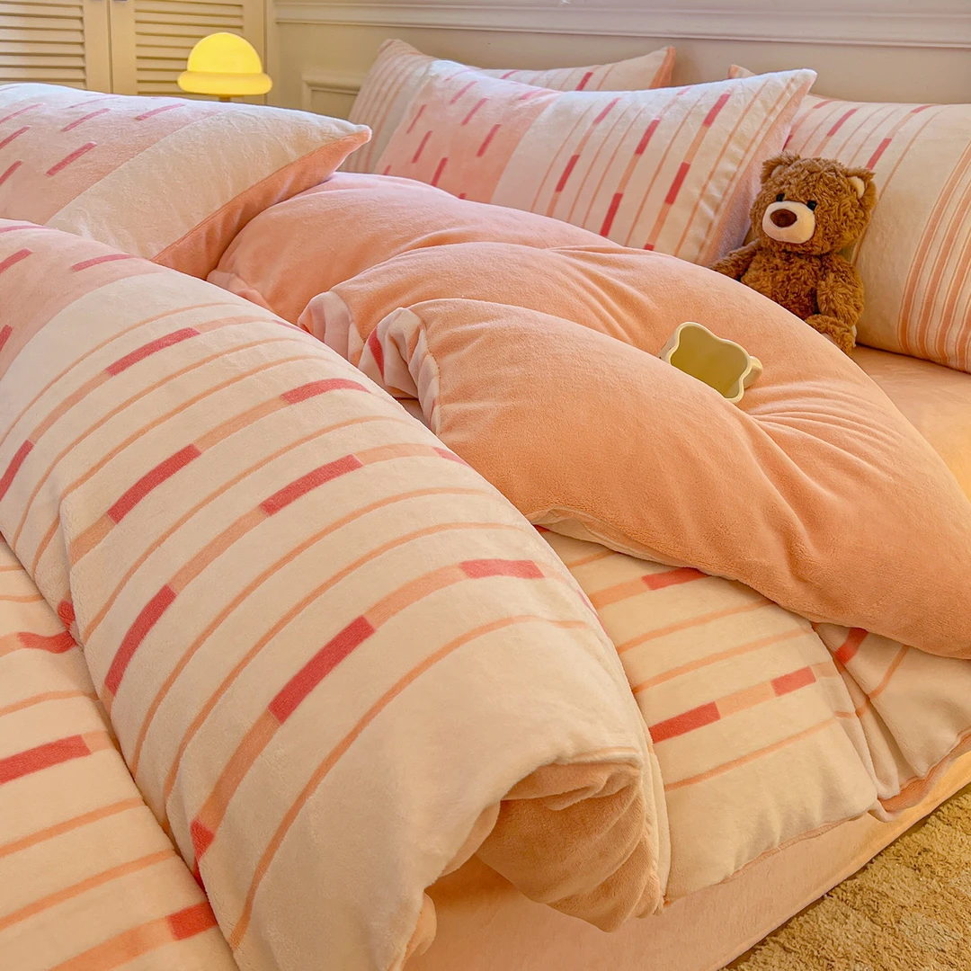 秋冬加厚雕花牛奶绒床上四件套珊瑚法兰绒被套床单床笠床品三件套