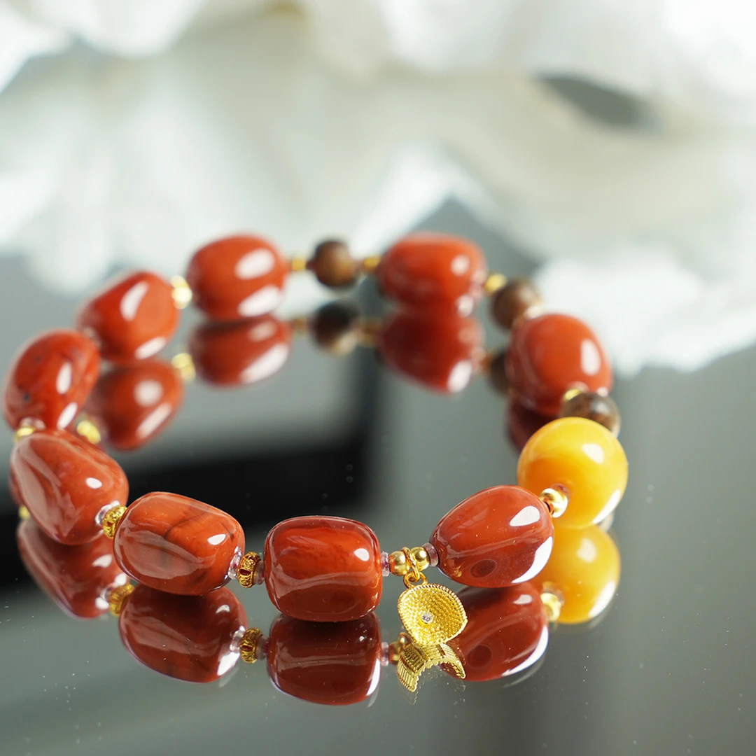 沉香【枫林染】川料南红火焰纹随型搭蜜蜡手串【基地发货，一物一证】