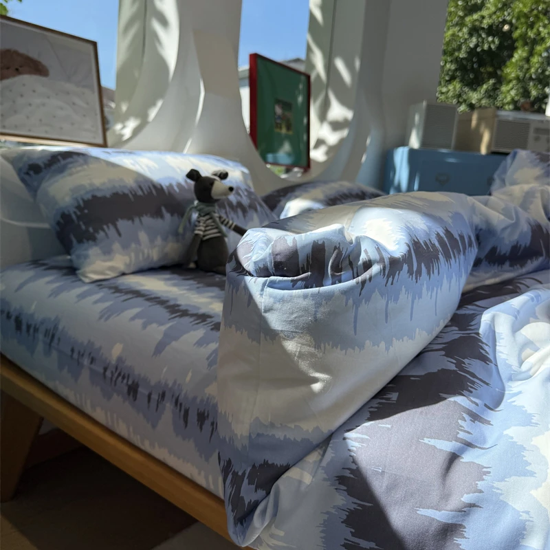 易安阁北欧简约蓝条纹北欧床上四件套全棉纯棉1.5m1.8学生三件套