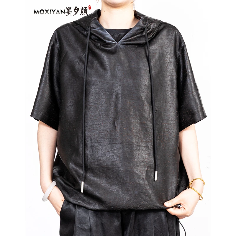 【墨夕颜】2025新款男装桑蚕丝香云纱 农工缎短袖帽衫-MH-782