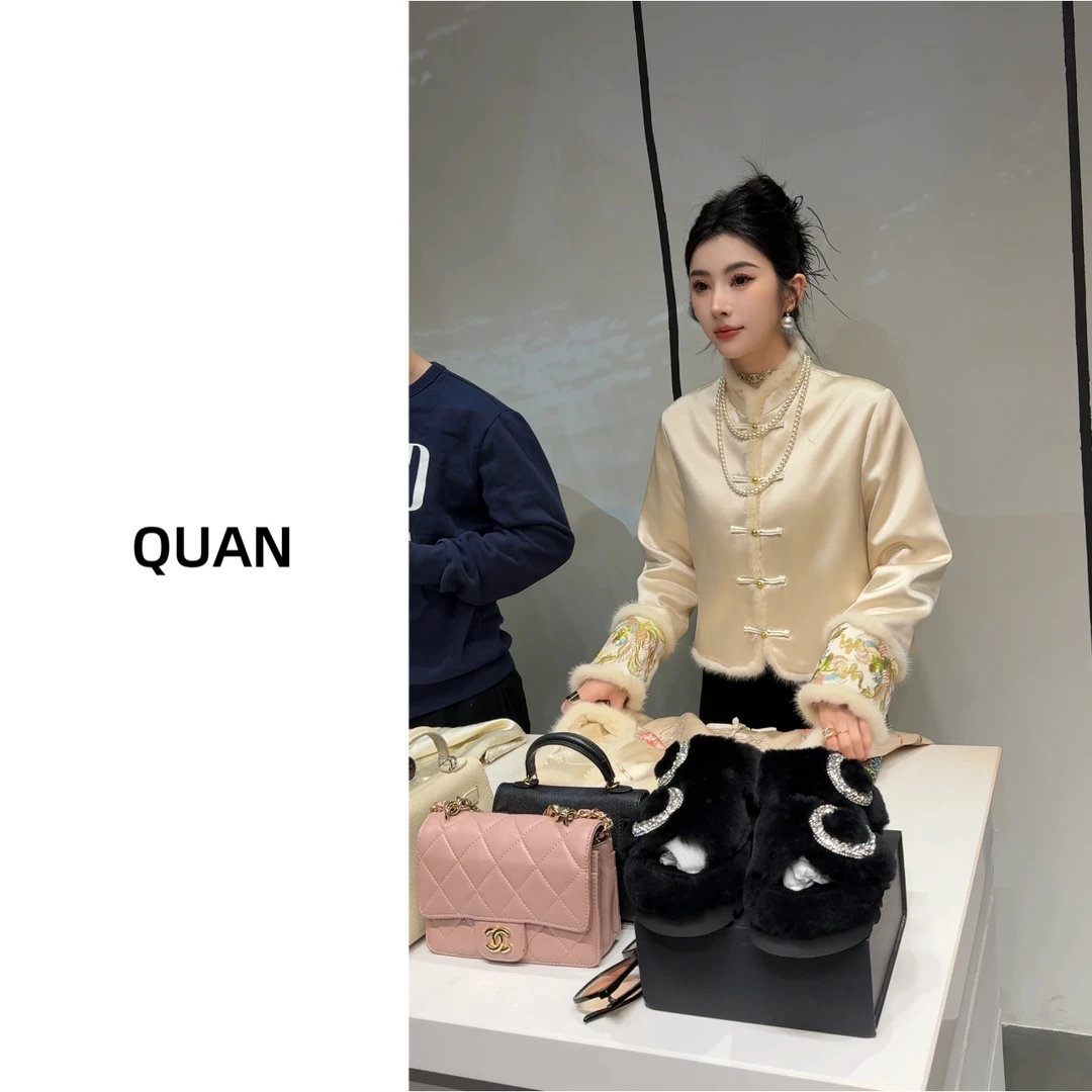现货【玉锦】新中式水貂毛刺绣网红中国风立领冬季保暖棉服