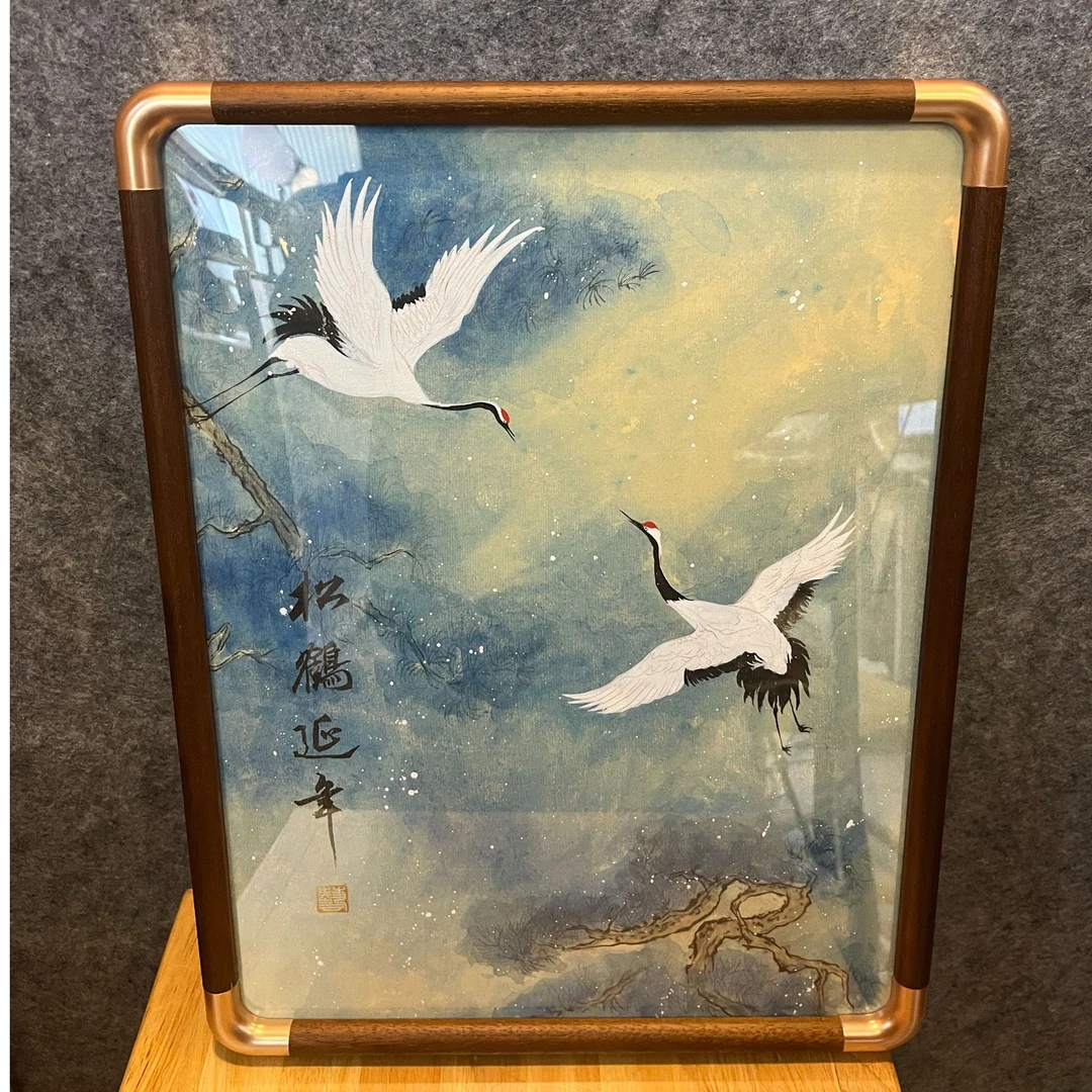 《松鹤延年》胡桃木框国潮氛围感艺术摆件42.5*32.5CM