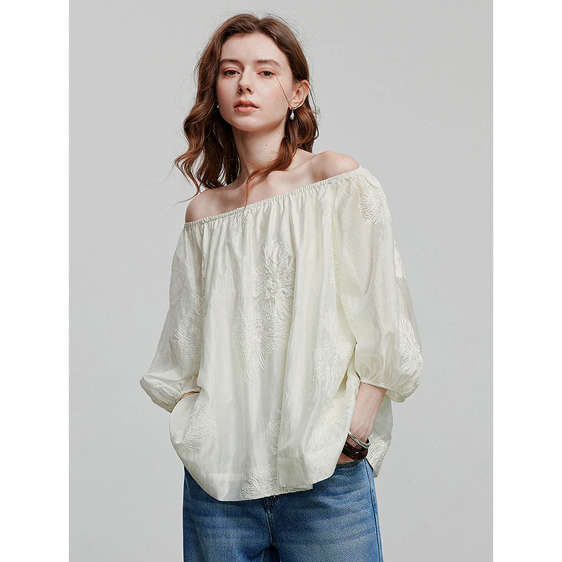 【双11提前购】初语空气感莱赛尔绣花衬衫女2025圆领插肩袖小衫衬衣