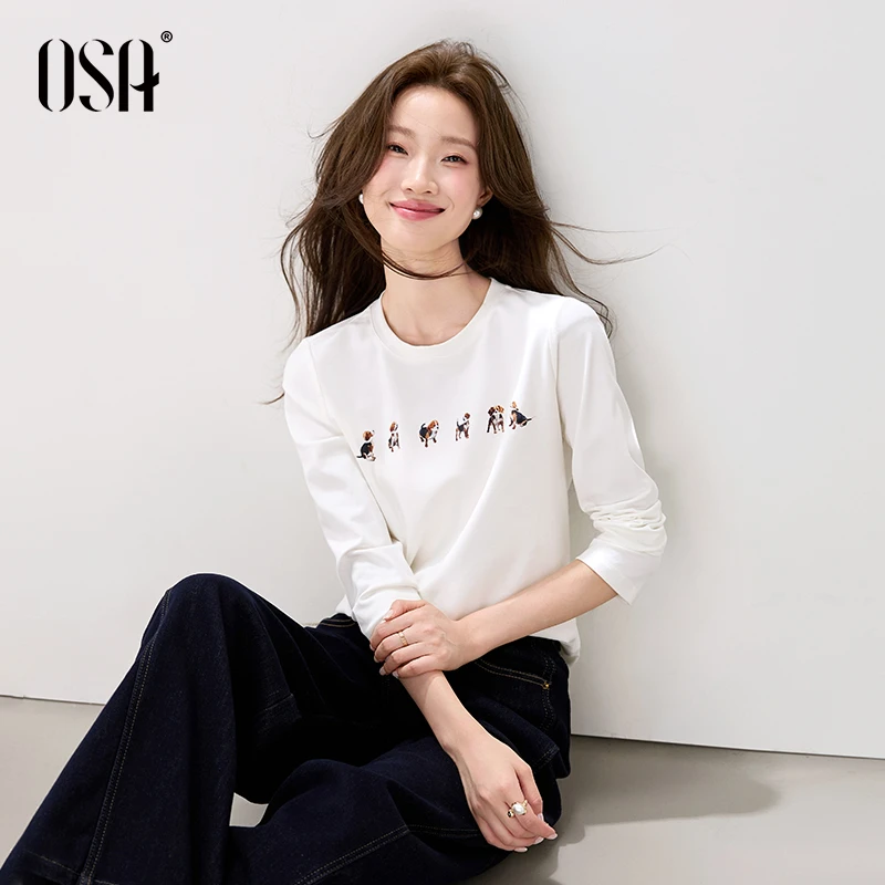 OSA/欧莎 小狗印花长袖T恤女新款圆领体恤打底上衣S125C11028