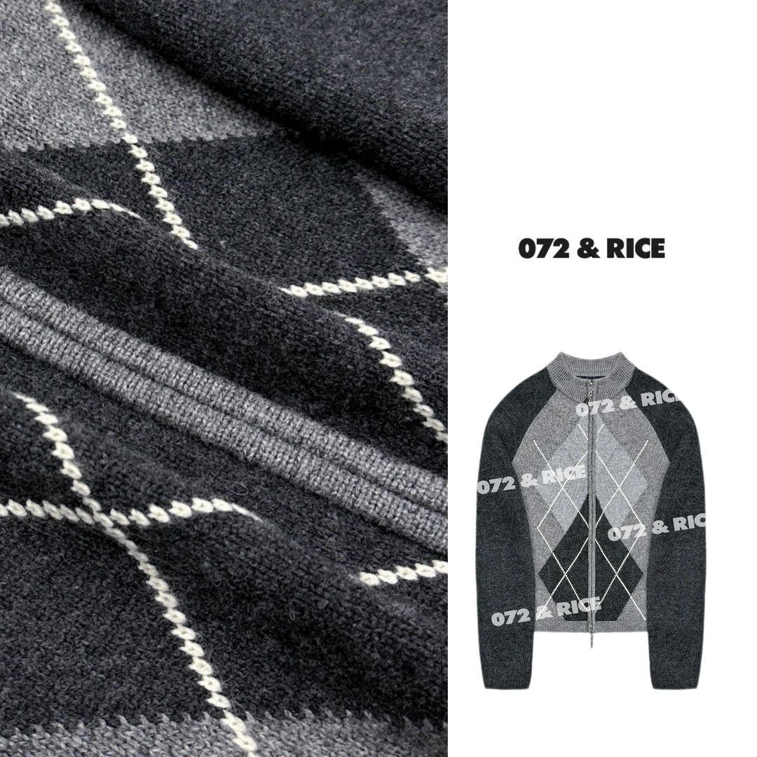 072 & RICE【斯坦福】秋季休闲撞色菱格长袖针织开衫 31LE055