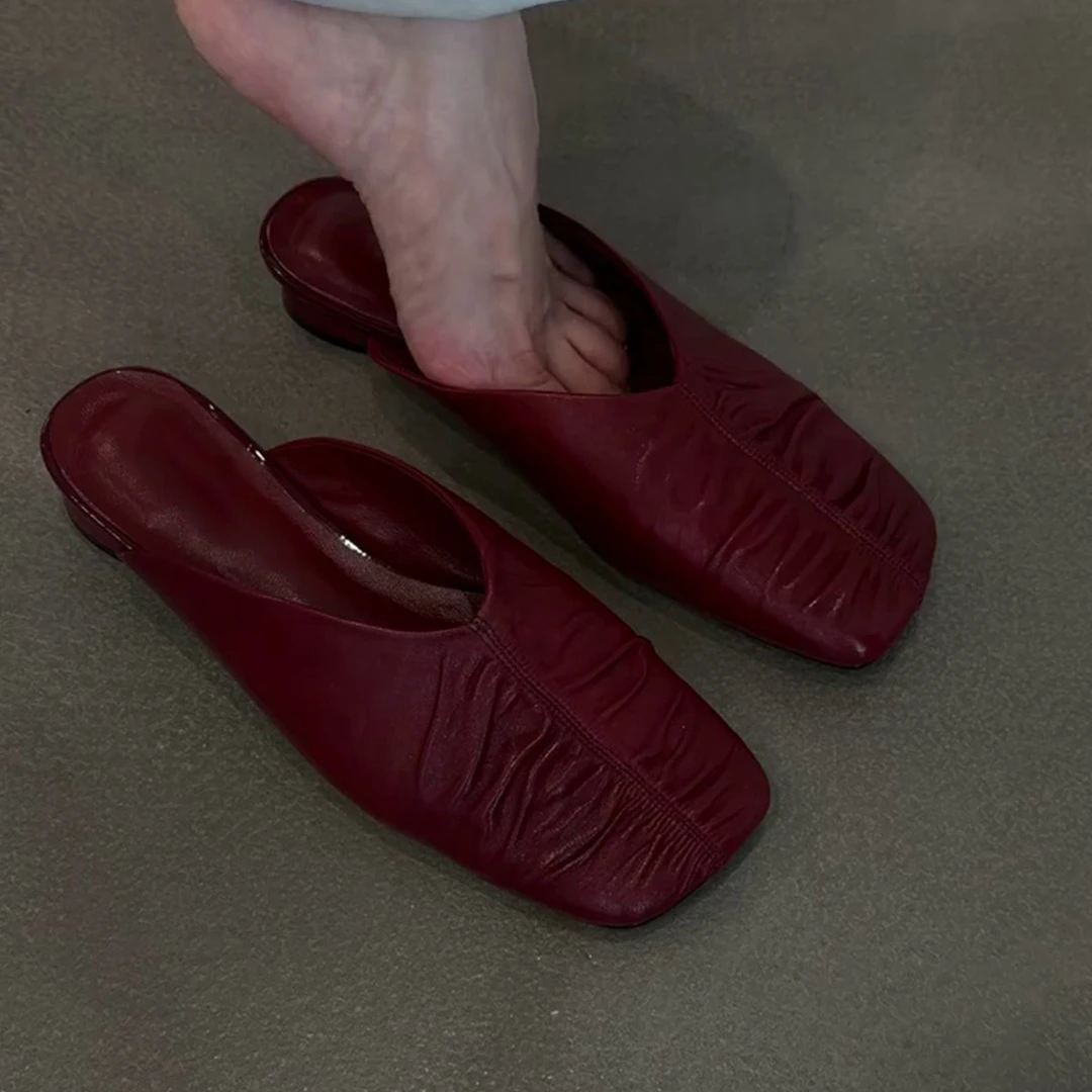 2025新款春季褶皱法式浅口单鞋女百搭休闲软底一脚蹬平底方头单鞋