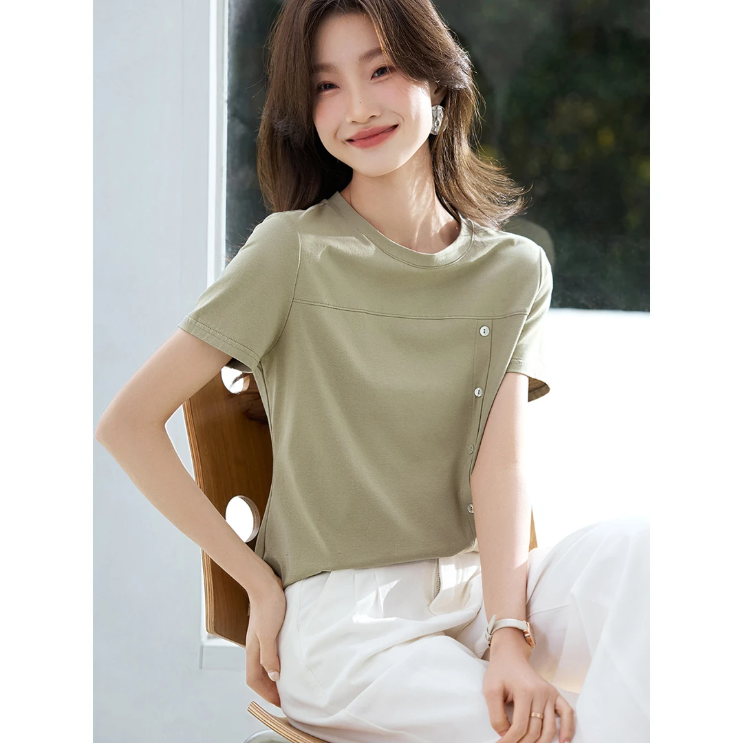 沫晗依美清爽豆绿凉感舒适圆领T恤女2025夏分割设计棉感短袖4569