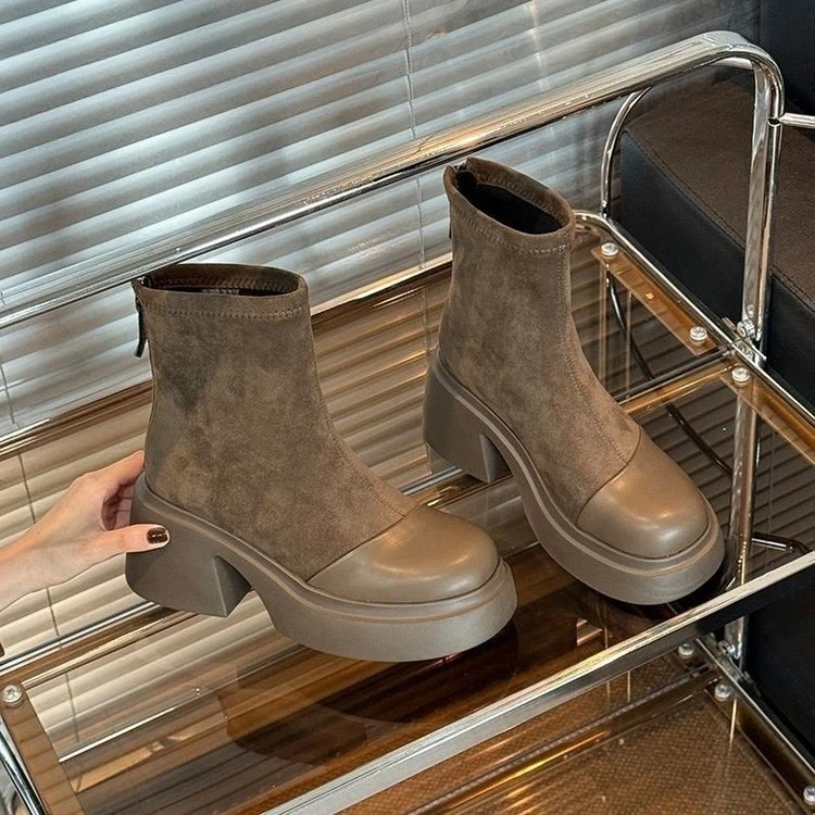 阔腿裤鞋百搭时尚网显瘦秋冬女靴瘦瘦靴单靴厚底高跟英伦风黑